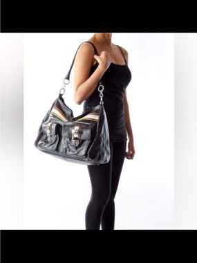 Black Leather Shoulder Bag with Stripe Accent